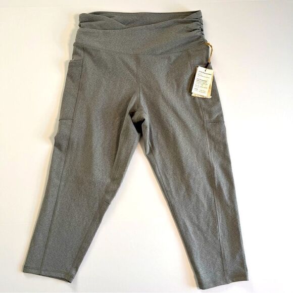 Earth Yoga  Criss Cross Cinched Cropped Leggings w Pockets Gray Size Large NWT - Picture 1 of 12